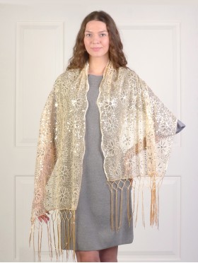 Sequined Flower Mesh Scarf W/ Fringe